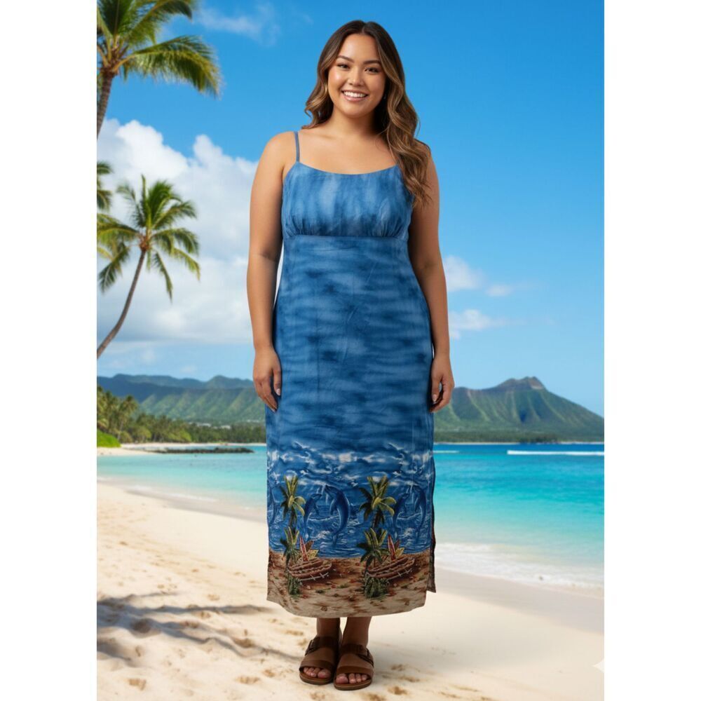 Jade Fashions Maxi Dress 3XL Hawaii Dolphin Print Sleeveless Cotton Resort
